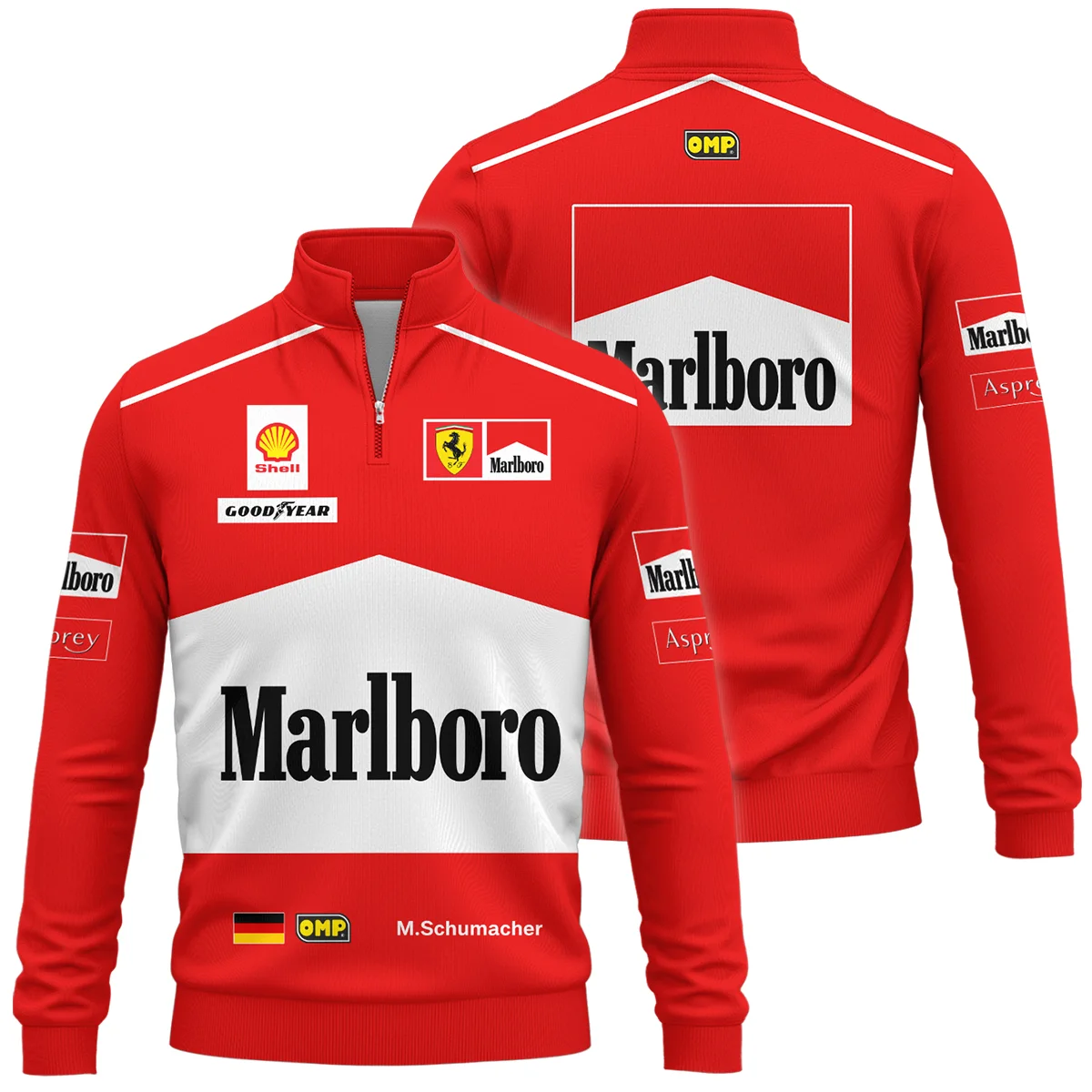1997 Michael Schumacher Race Suit Ferrari F1 Quarter-Zip Sweatshirt BLVAMC020925A7QZS - Motorsport Apparel