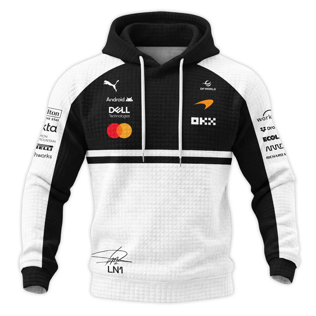 2026 Lando Norris 1 McLaren F1 Teamwear Hoodie Quilted Waffle BLNR25326A2HQW - White - Image 2