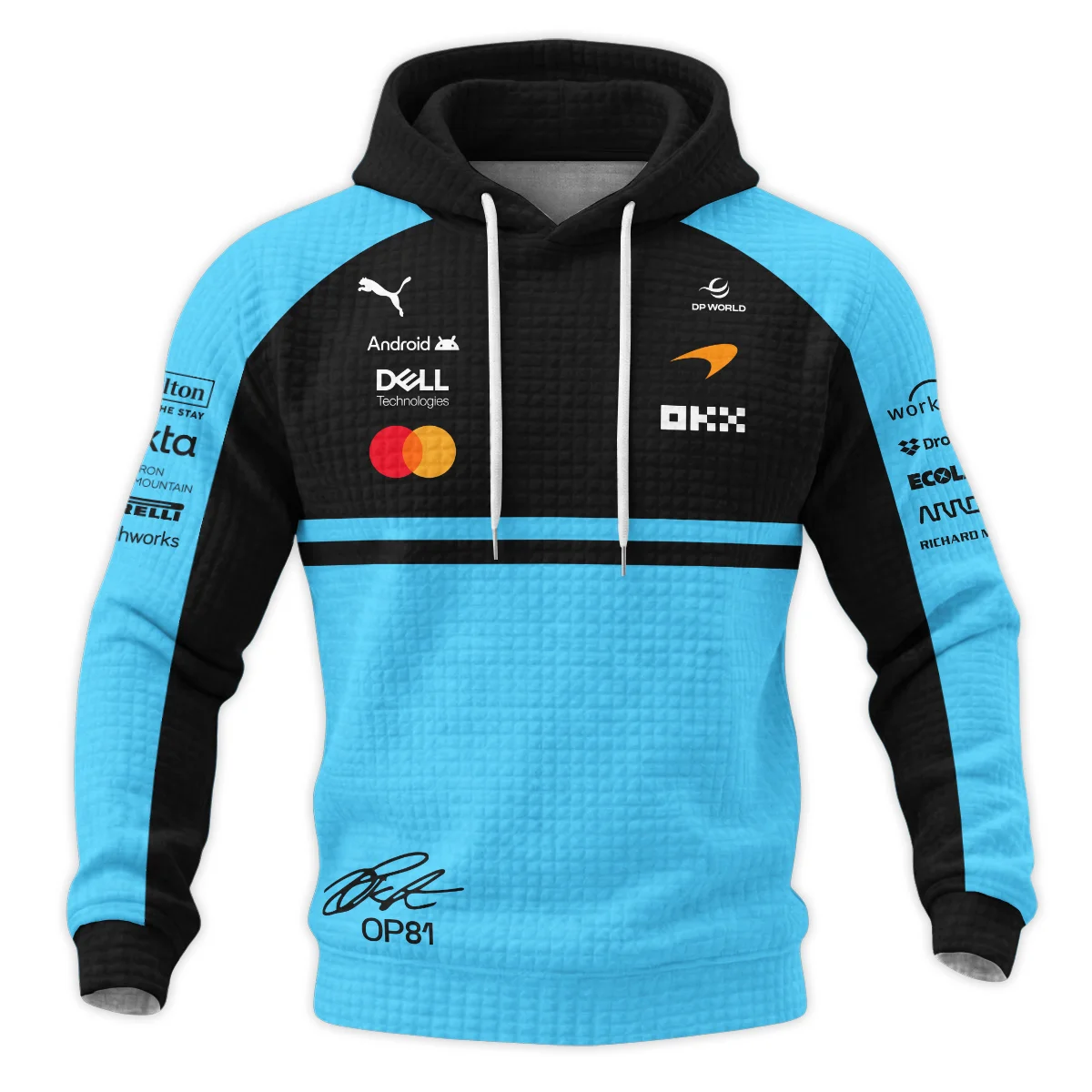 2026 Oscar Piastri 81 McLaren F1 Teamwear Hoodie Quilted Waffle BLOP25326A3HQW - Cyan - Image 2
