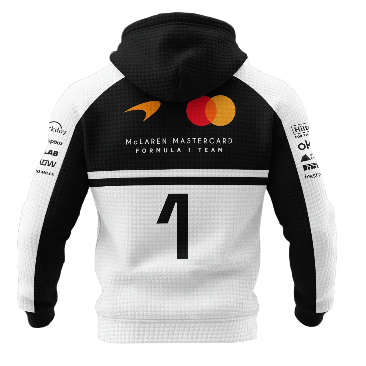 2026 Lando Norris 1 McLaren F1 Teamwear Hoodie Quilted Waffle BLNR25326A2HQW - White - Image 3