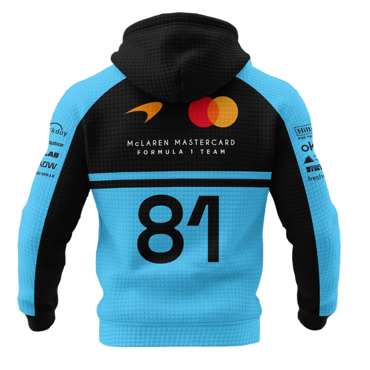 2026 Oscar Piastri 81 McLaren F1 Teamwear Hoodie Quilted Waffle BLOP25326A3HQW - Cyan - Image 3