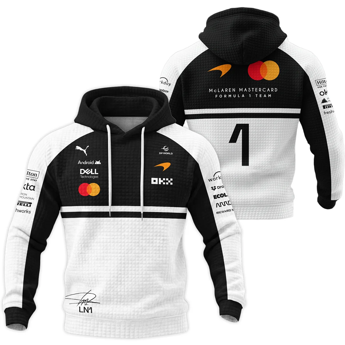 2026 Lando Norris 1 McLaren F1 Teamwear Hoodie Quilted Waffle BLNR25326A2HQW - White