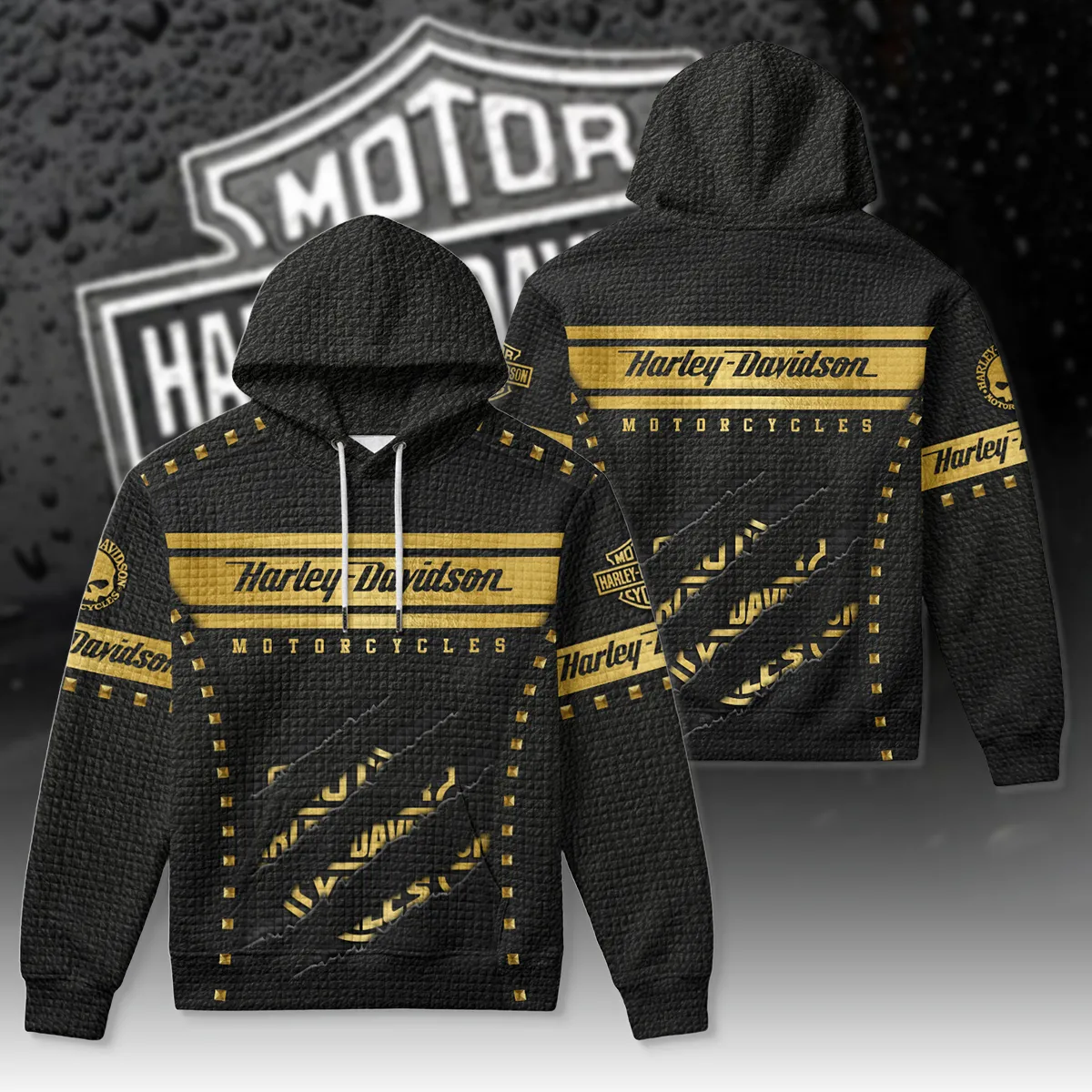 Harley-Davidson Motorcycle Gilded Leather Hoodie Quilted Waffle All Over Prints Gift Fan Love QTVAHL250226A16-HQW - Image 3