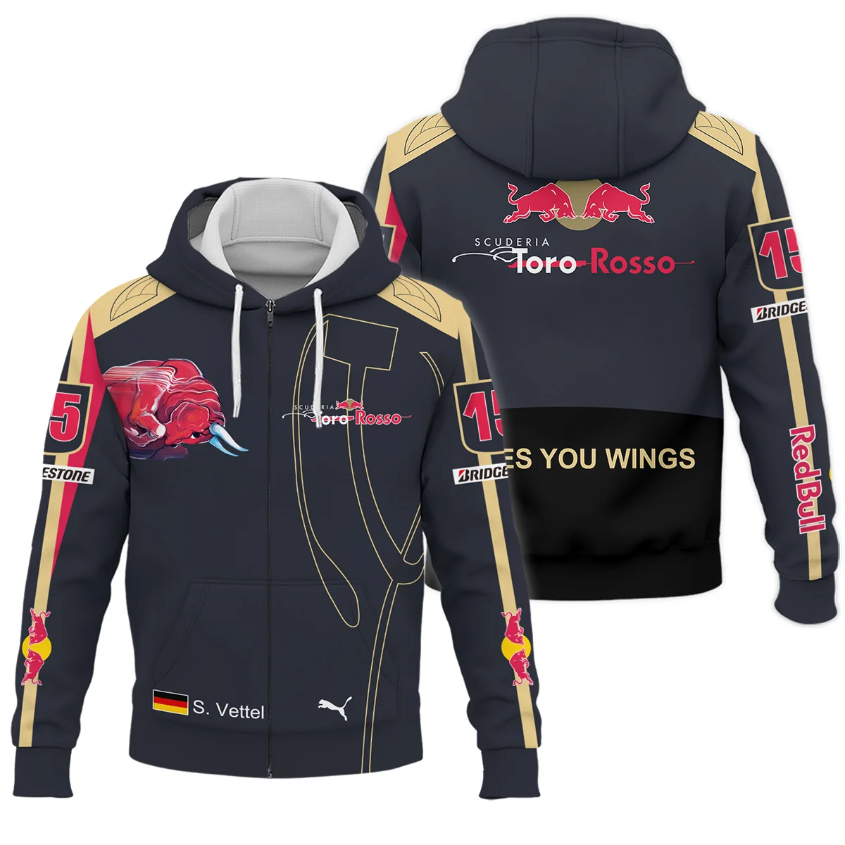 2008 Sebastian Vettel Racing Suit Toro Rosso F1 Zipper Hoodie BLVASV110925A9ZHD - Race Day Design