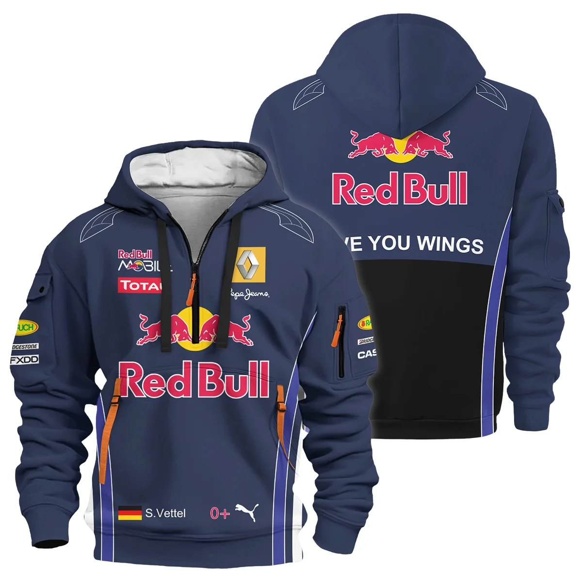 2010 Sebastian Vettel Racing Suit Red Bull Racing F1 Hoodie Half Zip BLVASV110925A7HDF - Pit Lane Clothing