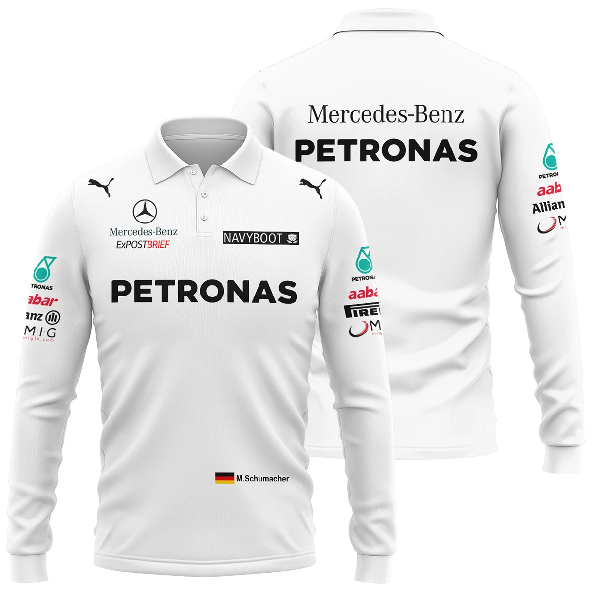 2012 Michael Schumacher Race Suit Mercedes F1 Long Polo Shirt BLVAMC020925A2LPL
