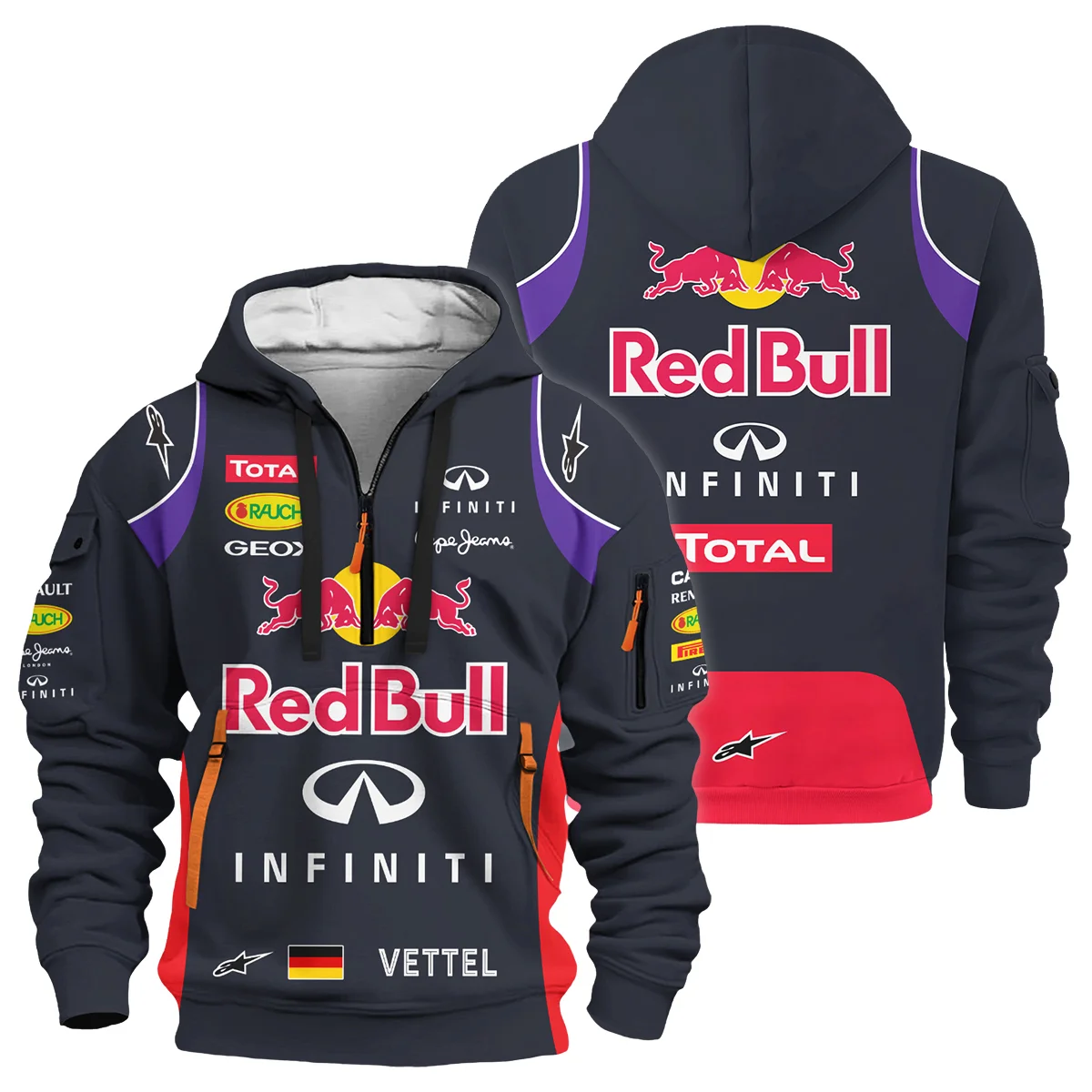 2014 Sebastian Vettel Racing Suit Red Bull Racing F1 Hoodie Half Zip BLVASV110925A3HDF - Motorsport Apparel