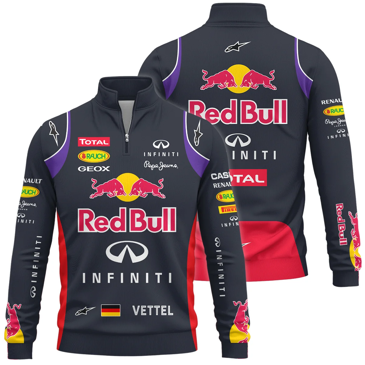 2014 Sebastian Vettel Racing Suit Red Bull Racing F1 Quarter-Zip Sweatshirt BLVASV110925A3QZS - Trackside Outfit