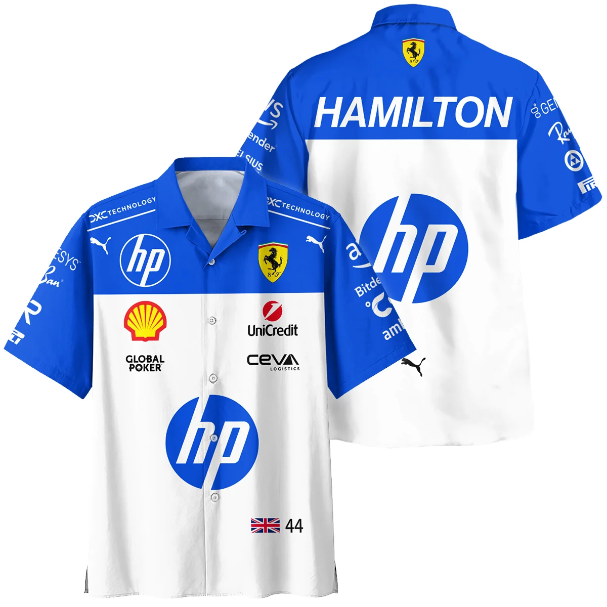 2025 Miami GP Lewis Hamilton Racing Suit Ferrari F1 Hawaiian Shirt BLVALH180825A1HW - Motorsport Apparel