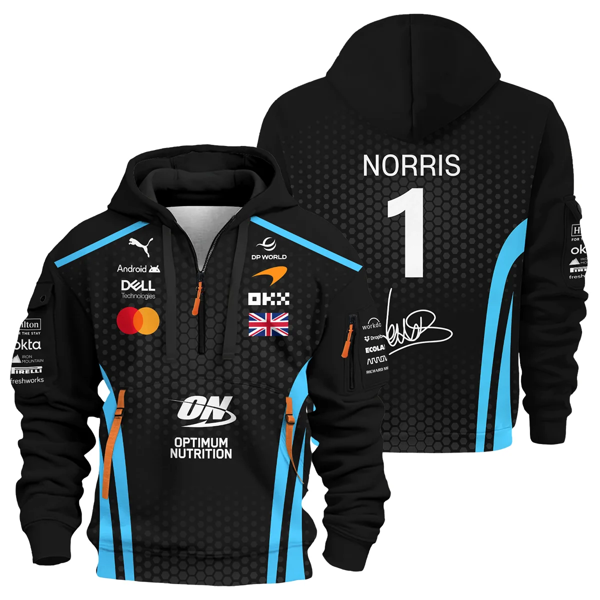 2026 Lando Norris McLaren F1 Teamwear Hoodie Half Zip BLNR26226A3HDF - Cyan - Motorsport Lifestyle Wear