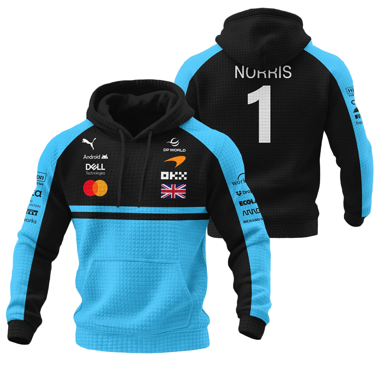 2026 Lando Norris McLaren F1 Teamwear Hoodie Quilted Waffle BLNR26126A3HQW - Cyan - Racing Lifestyle Clothing