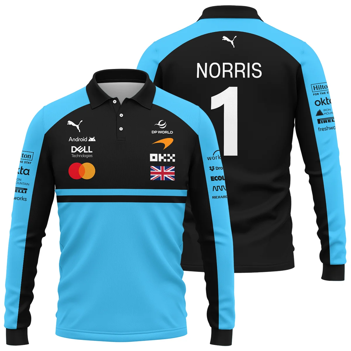 2026 Lando Norris McLaren F1 Teamwear Long Polo Shirt BLNR26126A3LPL - Cyan - Motorsport Lifestyle Wear