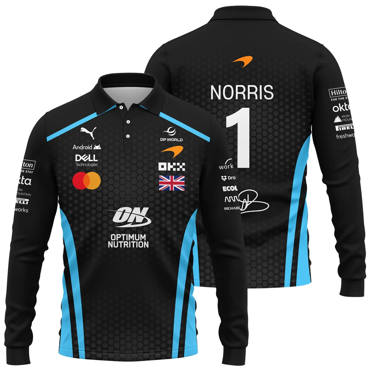 2026 Lando Norris McLaren F1 Teamwear Long Polo Shirt BLNR26226A3LPL - Cyan - Racing Lifestyle Clothing