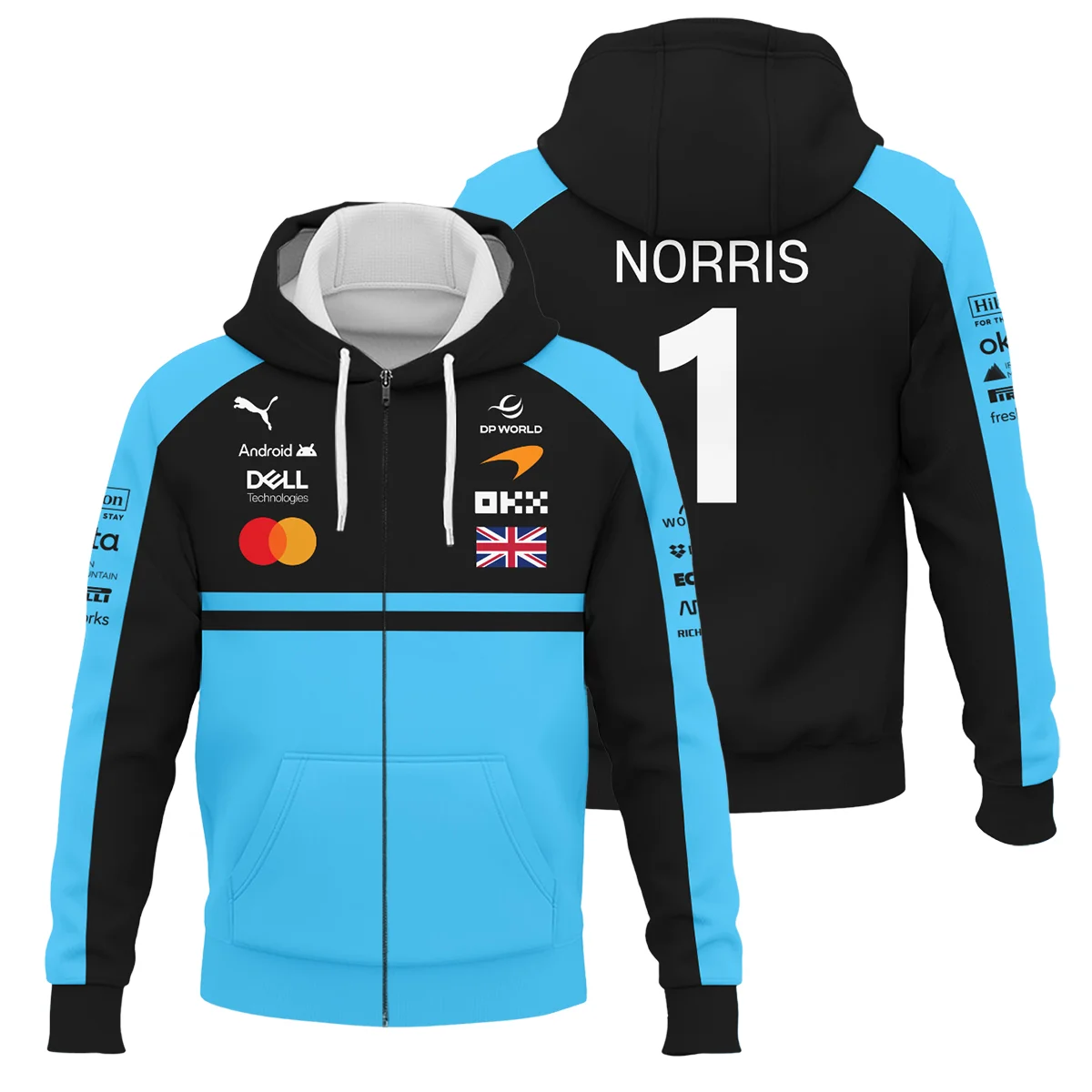 2026 Lando Norris McLaren F1 Teamwear Zipper Hoodie BLNR26126A3ZHD - Cyan - Motorsport Lifestyle Wear
