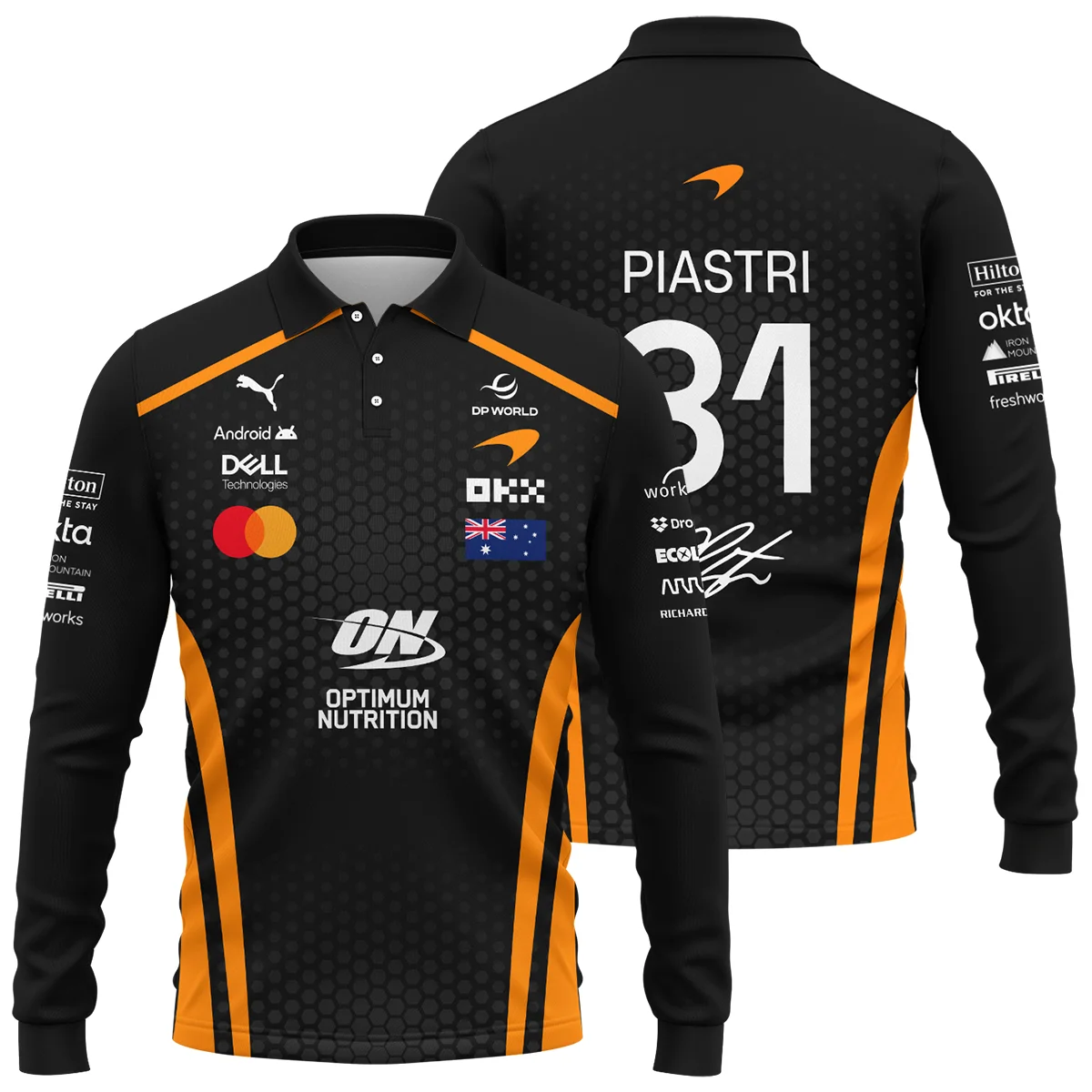 2026 Oscar Piastri McLaren F1 Teamwear Long Polo Shirt BLOP26226A1LPL - Orange - Race Day Design