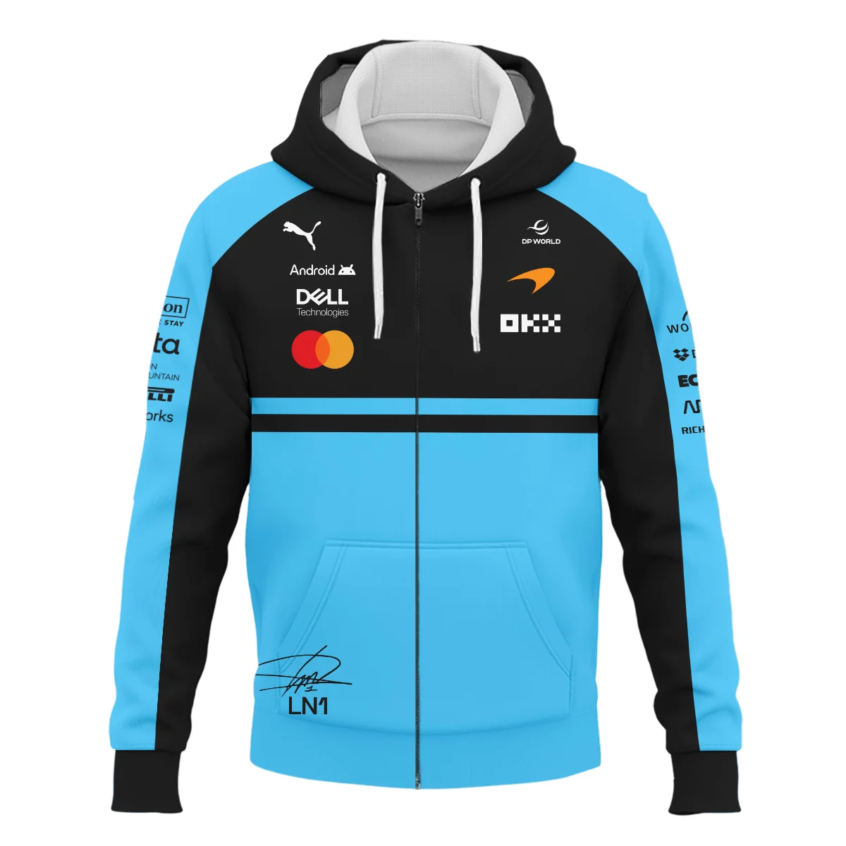 2026 Lando Norris 1 McLaren F1 Teamwear Zipper Hoodie BLNR25326A3ZHD - Cyan - Image 2