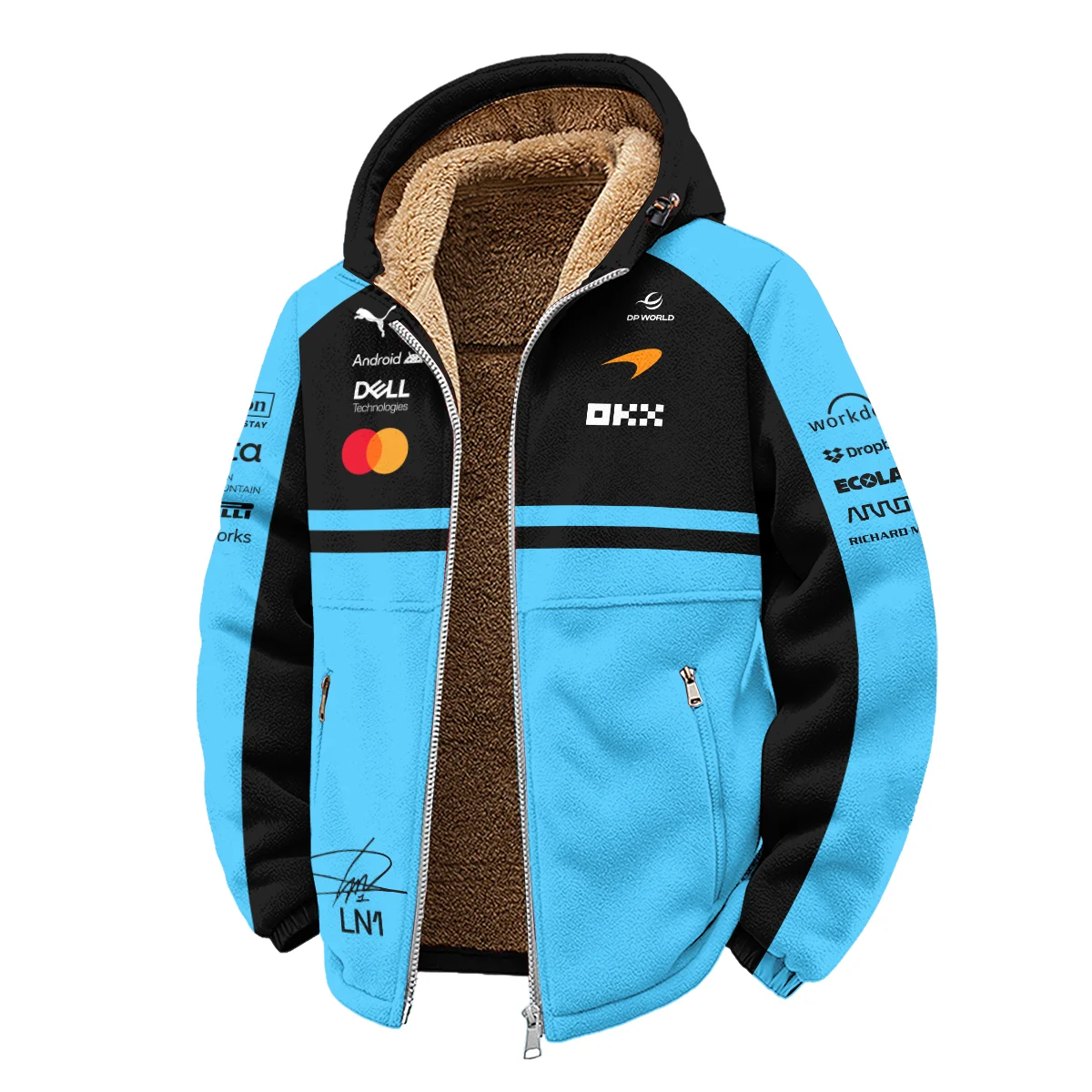 2026 Lando Norris 1 McLaren F1 Teamwear Winter Fleece Jacket BLNR25326A3WFJ - Cyan - Image 2