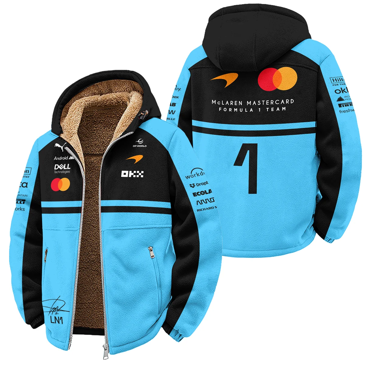 2026 Lando Norris 1 McLaren F1 Teamwear Winter Fleece Jacket BLNR25326A3WFJ - Cyan