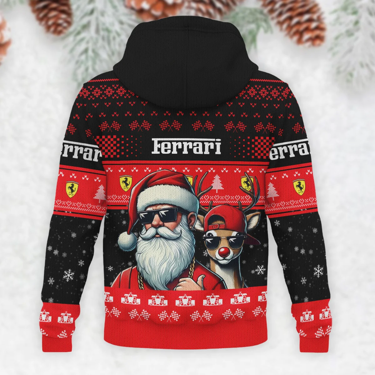 Badass Santa Reindeer Ferrari Formula 1 - Knitted Hoodie BLVAF12209250A23FRR - Image 3