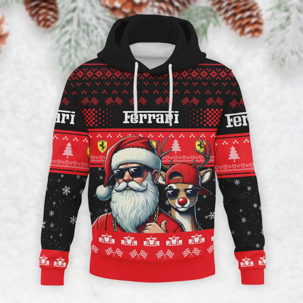 Badass Santa Reindeer Ferrari Formula 1 - Knitted Hoodie BLVAF12209250A23FRR - Image 2