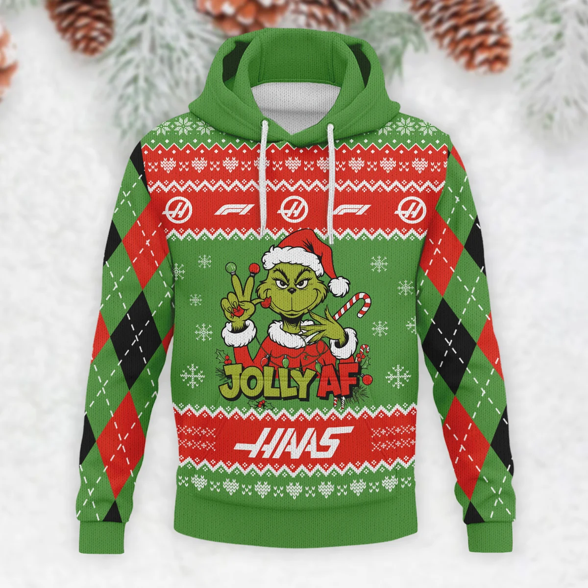 Jolly AF The Grinch Haas Formula 1 - Knitted Hoodie BLVAF12209250A16HAAS - Image 2