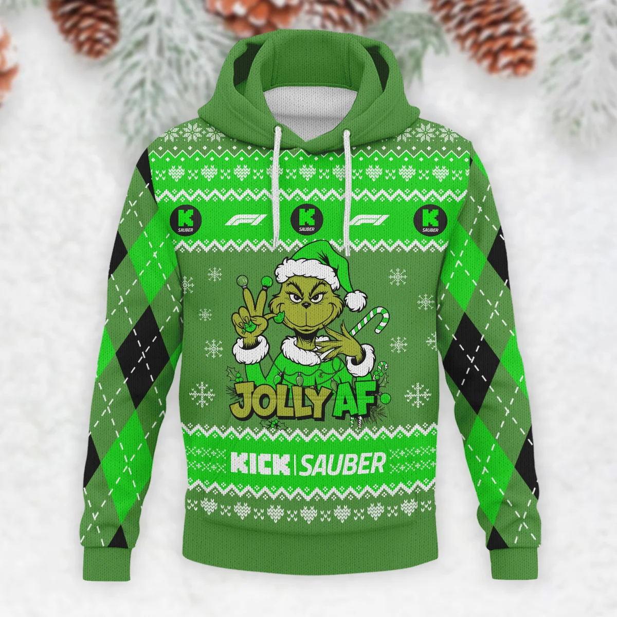 Jolly AF The Grinch Kick Sauber Formula 1 - Knitted Hoodie BLVAF12209250A16KS - Image 2