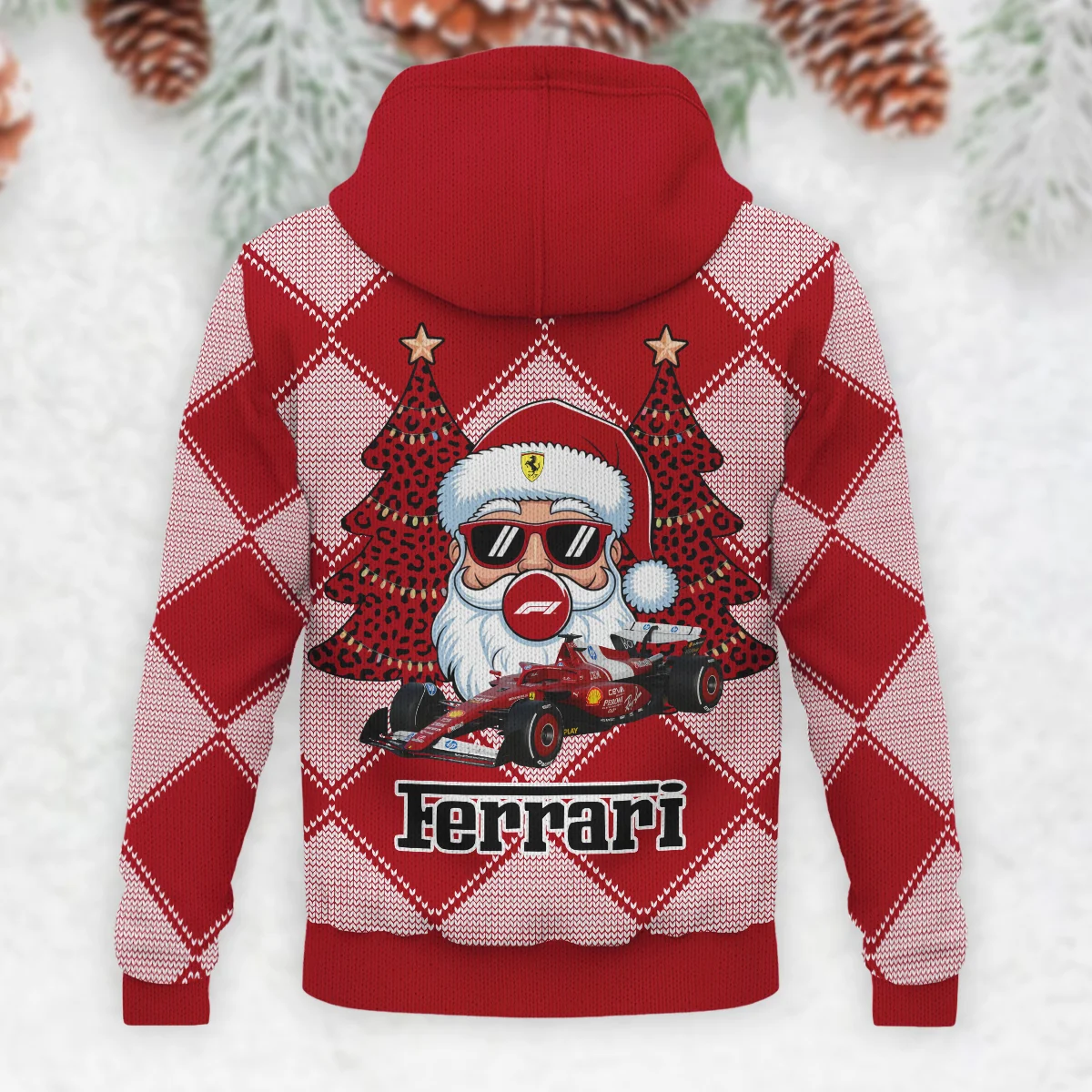 Santa Pinetree Car Ferrari Formula 1 - Knitted Hoodie BLVAF12209250A25FRR - Image 3