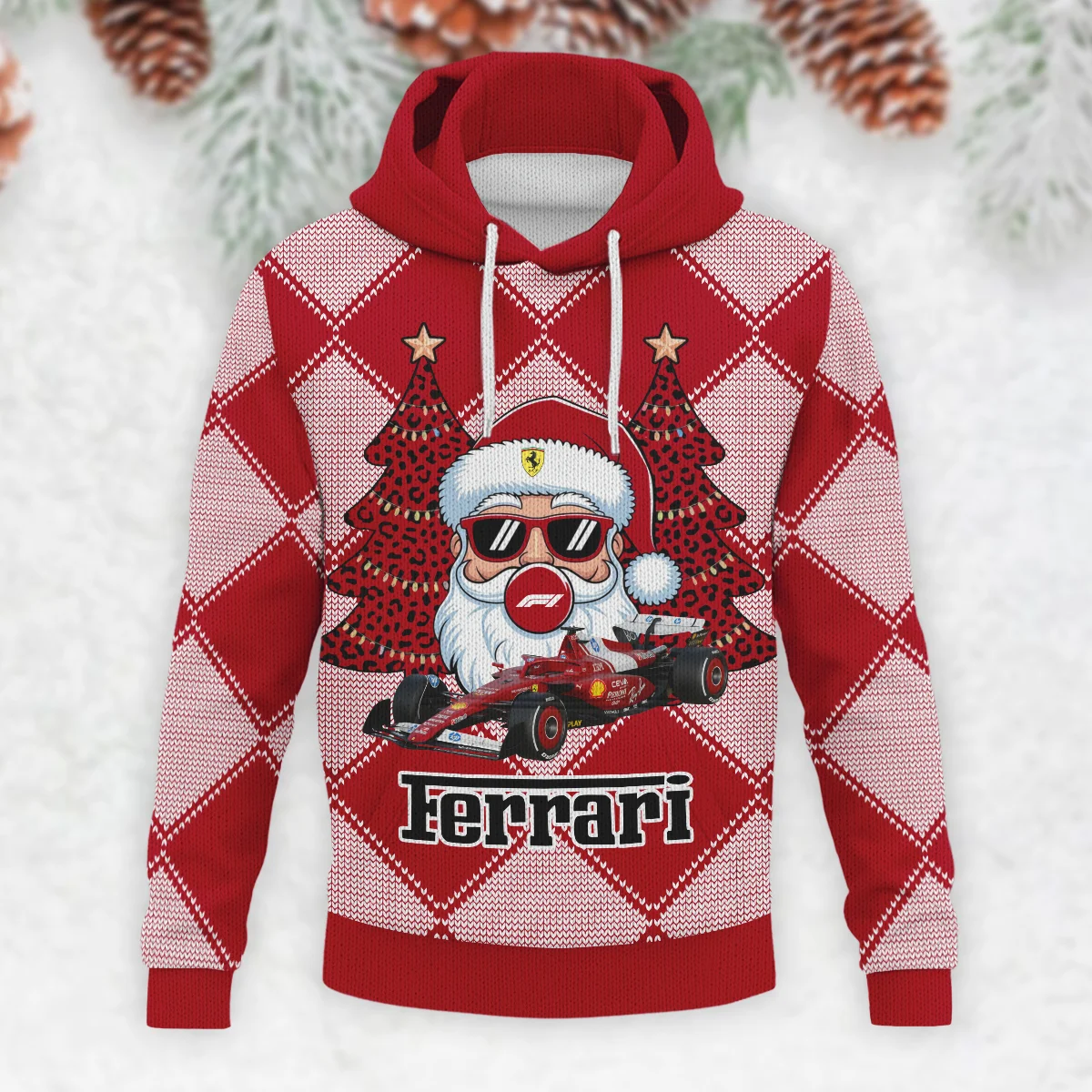 Santa Pinetree Car Ferrari Formula 1 - Knitted Hoodie BLVAF12209250A25FRR - Image 2