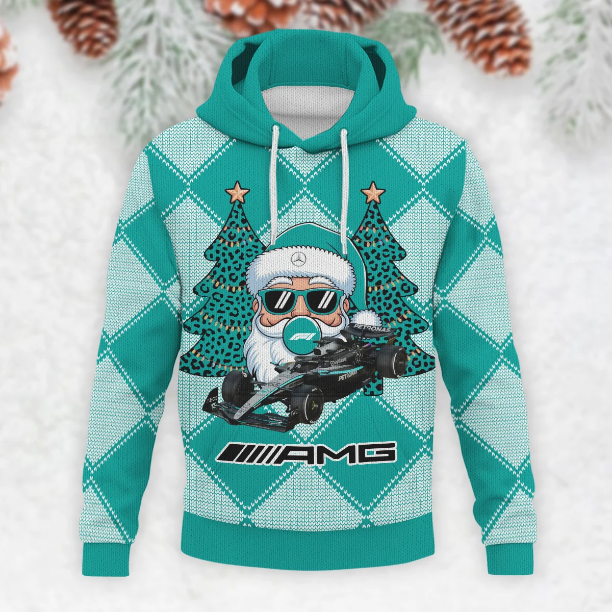 Santa Pinetree Car Mercedes Formula 1 - Knitted Hoodie BLVAF12209250A25MER - Image 2