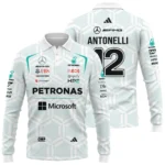 2026 Kimi Antonelli Mercedes F1 Teamwear Long Polo Shirt BLKA29326A2LPL - White - Motorsport Lifestyle Wear