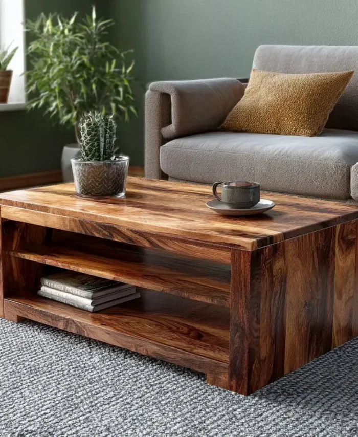 Solid Wood Coffee Table with Open Storage Handcrafted Living Room Table