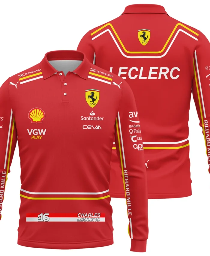 2024 Charles Leclerc Racing Suit Ferrari F1 Long Polo Shirt BLVACL260825A4LPL
