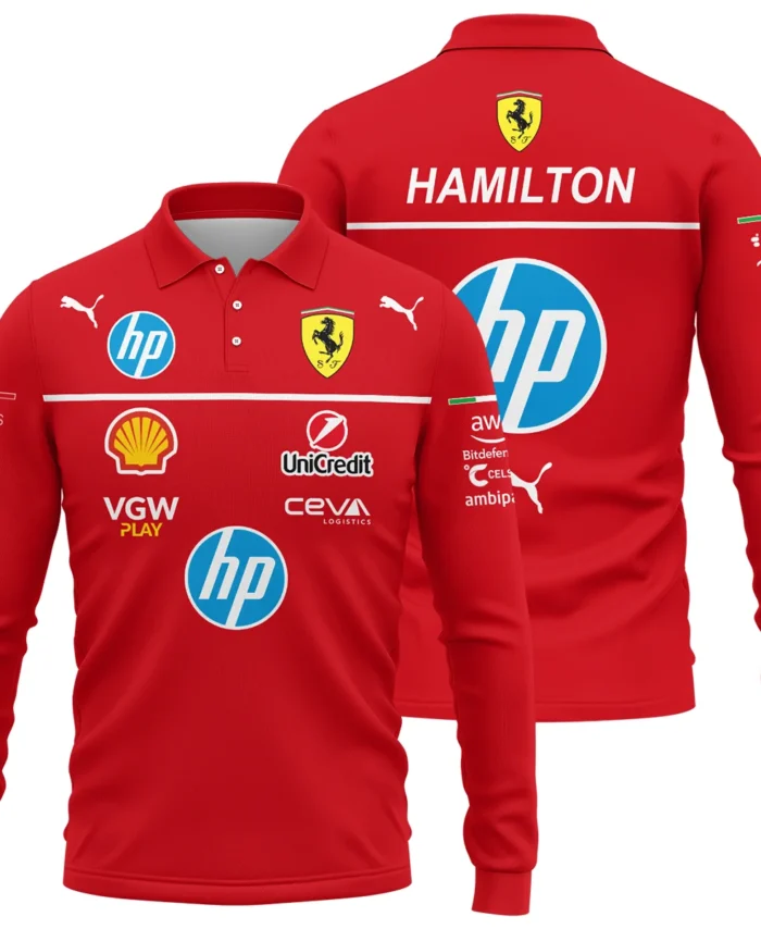 2025 Lewis Hamilton Racing Suit Ferrari F1 Long Polo Shirt BLVALH180825A4LPL