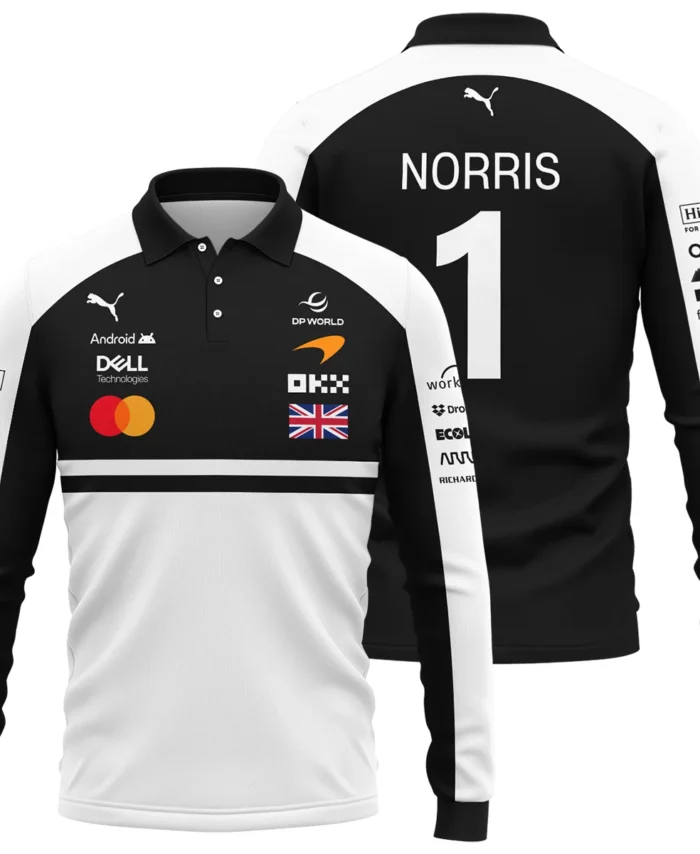 2026 Lando Norris McLaren F1 Teamwear Long Polo Shirt BLNR26126A2LPL - White