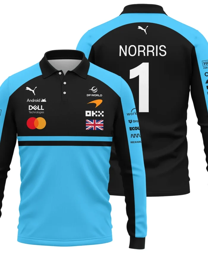 2026 Lando Norris McLaren F1 Teamwear Long Polo Shirt BLNR26126A3LPL - Cyan
