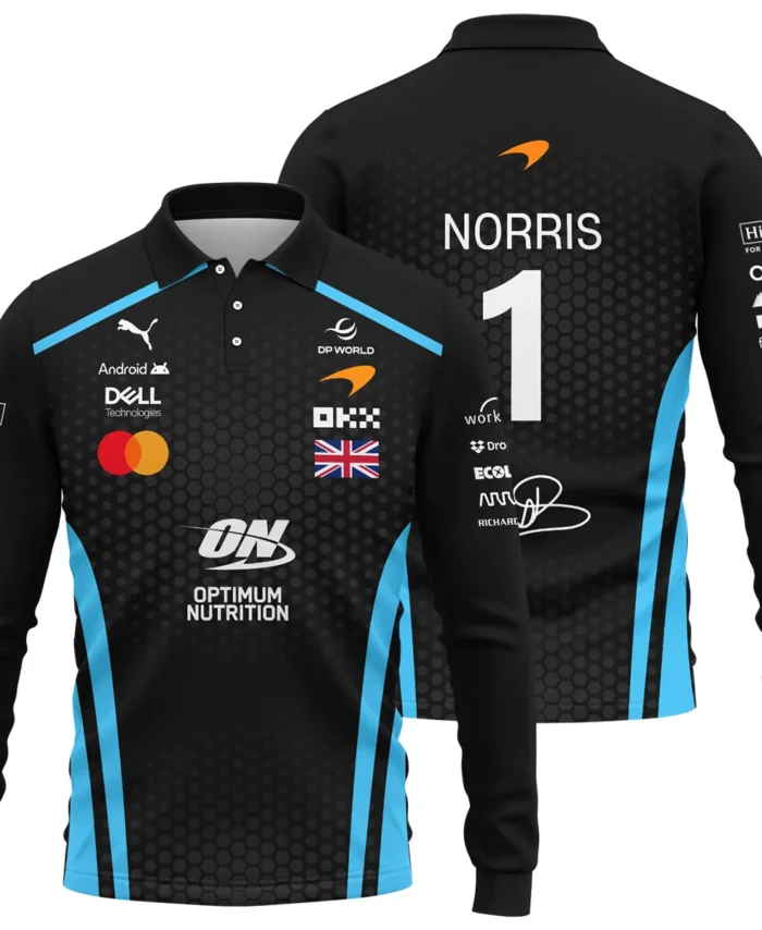 2026 Lando Norris McLaren F1 Teamwear Long Polo Shirt BLNR26226A3LPL - Cyan