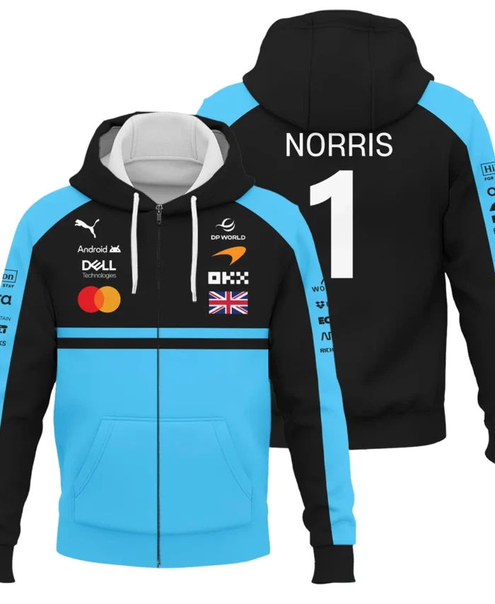 2026 Lando Norris McLaren F1 Teamwear Zipper Hoodie BLNR26126A3ZHD - Cyan