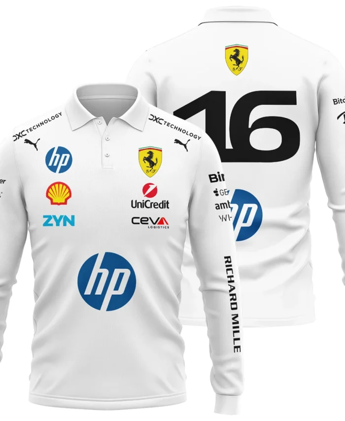 2026 Leclerc 16 Ferrari F1 Teamwear Long Polo Shirt BLVAFRR2226A2LPL