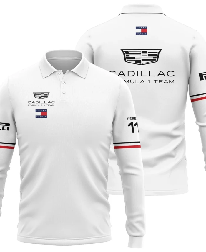 2026 Sergio Perez Cadillac F1 Teamwear Long Polo Shirt BLVACDL9226A3LPL - White