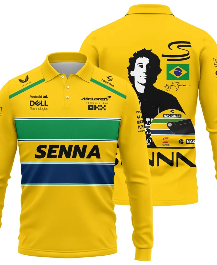 Ayrton Senna Flag And Helmet McLaren F1 Exclusive Long Polo Shirt BLF13625A4LPL